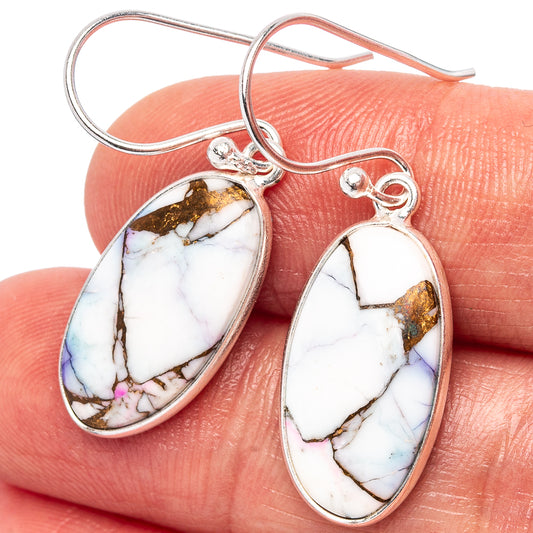 Oval turquoise cabochon drop earrings with marbled white, blue, and gold tones, .925 silver hooks