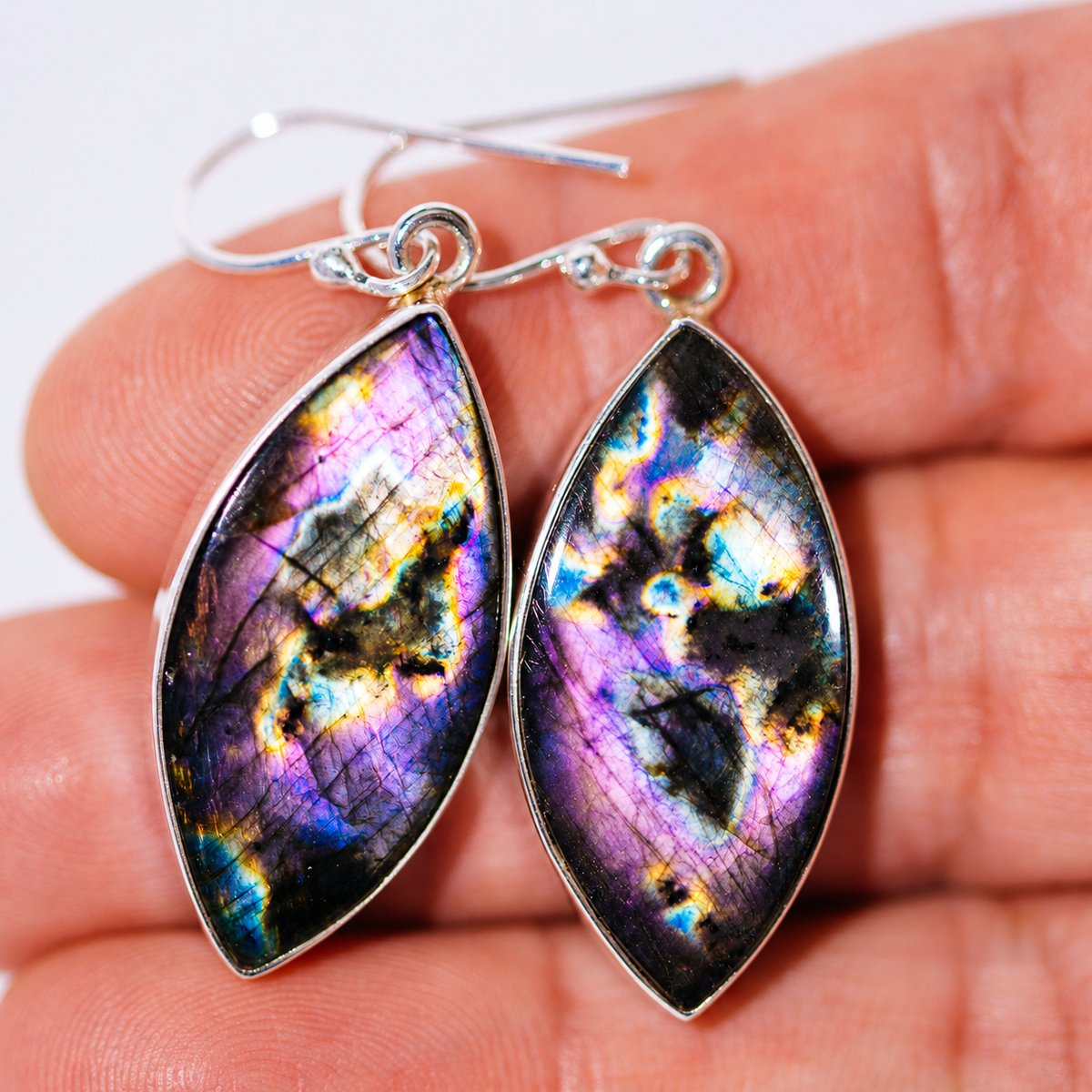 Premium Spectrolite Earrings 1 7/8" (.925 Sterling Silver)