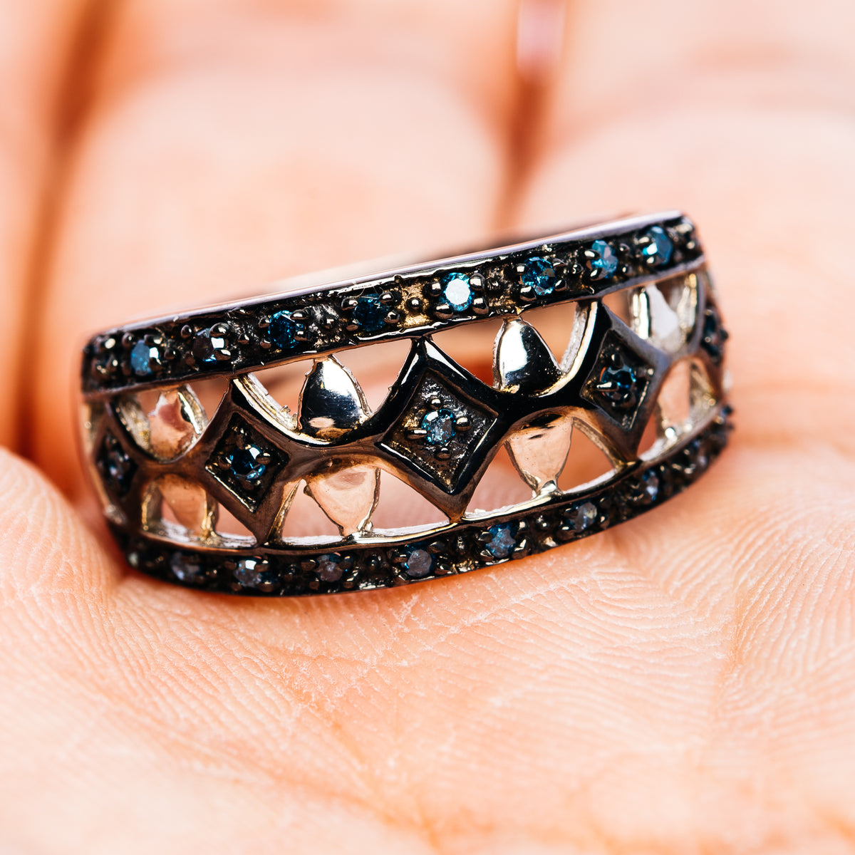 Blue Diamond Ring Size 8.5 (.925 Sterling Silver)