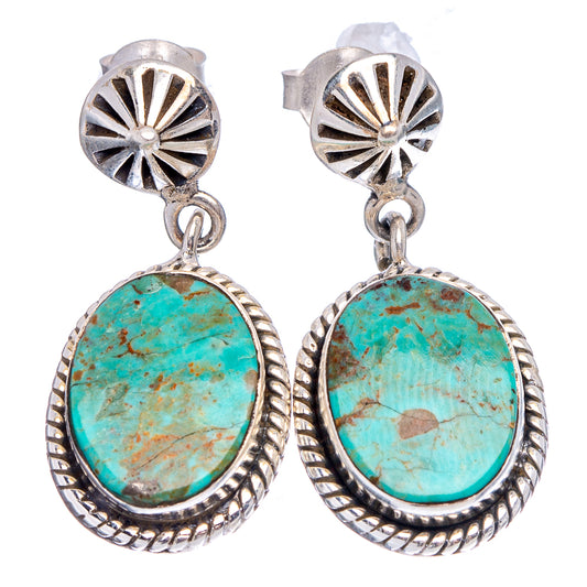 Turquoise oval cabochon drop earrings with silver sunburst studs and braided bezel