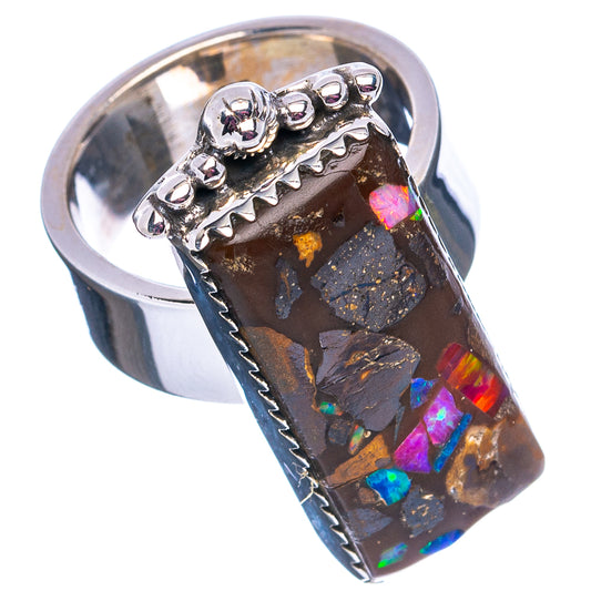 Adjustable sterling silver opal matrix ring with rectangular dark stone and rainbow flashes
