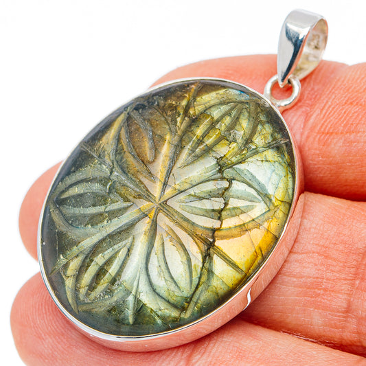 Hand Carved Premium Labradorite Pendant 1 3/4" (.925 Sterling Silver)