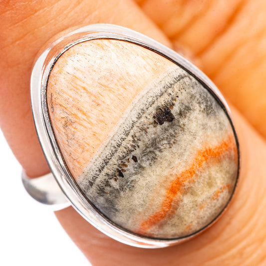 Oval cabochon stone ring, orange and gray marbled center, .925 sterling silver band