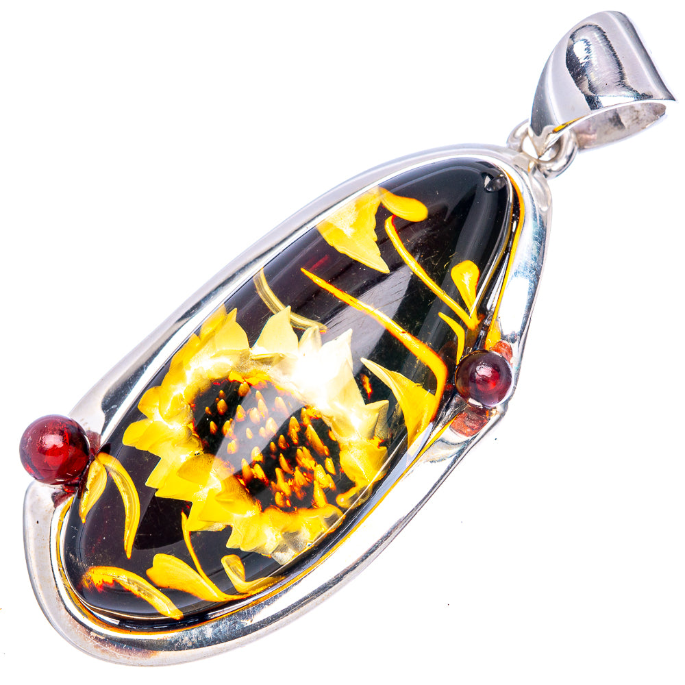 Oval amber sunflower intaglio pendant, sterling silver bail with red bead details