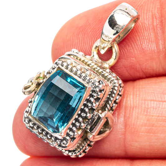 Sterling silver blue topaz pendant with ornate bezel and bail, square cushion gem