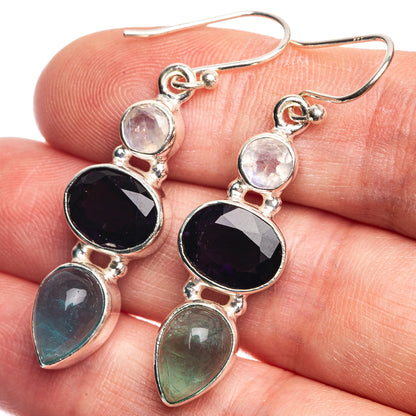 Aquamarine, Amethyst, Rainbow Moonstone Earrings 1 3/4" (925 Sterling Silver) E432604