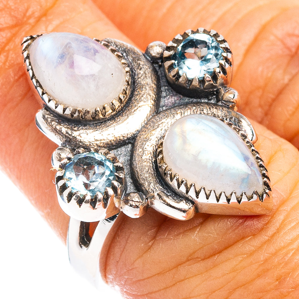 Premium Rainbow Moonstone, Blue Topaz Ring Size 6.25 (.925 Sterling Silver)
