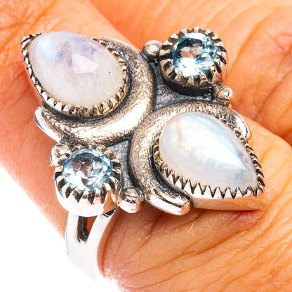 Premium Rainbow Moonstone, Blue Topaz Ring Size 6.25 (.925 Sterling Silver)