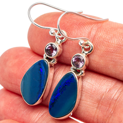 Sterling silver earrings with blue oval opal drops and round amethyst accents