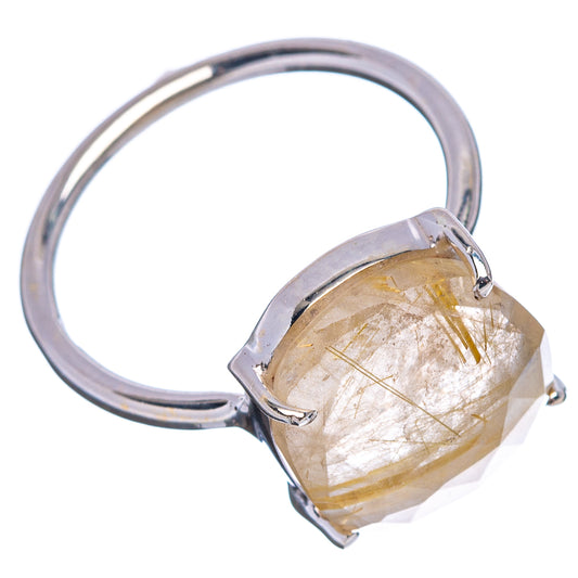 Sterling silver ring with rectangular faceted rutilated quartz and side view prongs