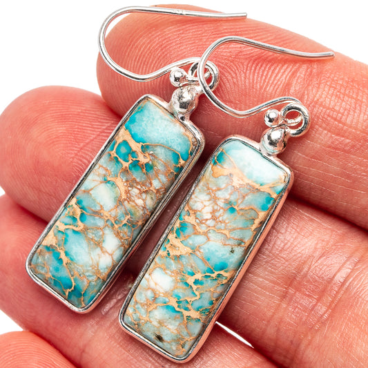 Sterling silver blue jasper rectangle drop earrings with round hook, openwork setting