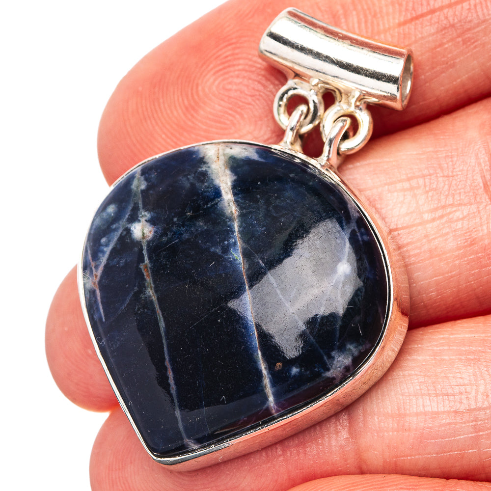 925 sterling silver bezel-set sodalite teardrop pendant with bail, dark blue stone