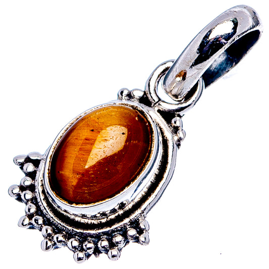 Tiger's Eye pendant, .925 sterling silver oval amber cabochon with bead border