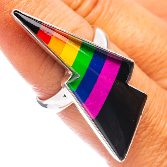 Rainbow bolt ring with black enamel and multicolor stripes, .925 sterling silver band