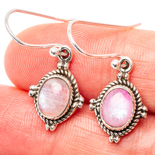 Pink moonstone oval drop earrings in .925 sterling silver with ornate rope trim