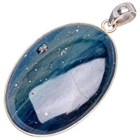 Oval sterling silver pendant with blue slag stone and light gray patch, top bail