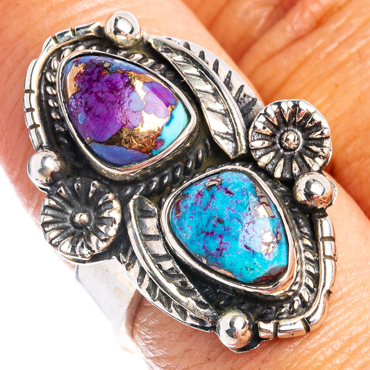 Sterling silver adjustable ring with oval purple and turquoise gemstones