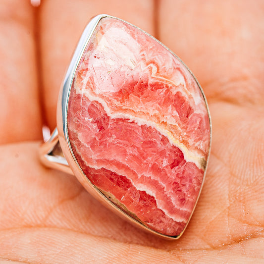 Marquise pink rhodochrosite cabochon sterling silver ring
