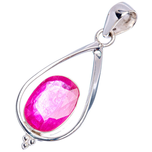 Teardrop .925 sterling silver pendant with bright pink-red oval faceted ruby glass gemstone