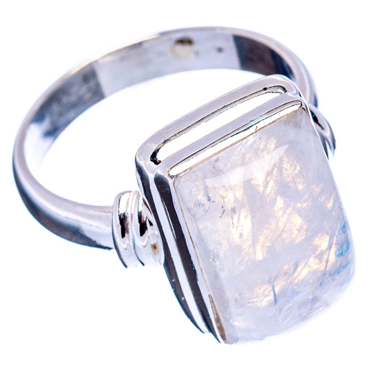 Sterling silver moonstone ring with rectangular opalescent stone and open side setting