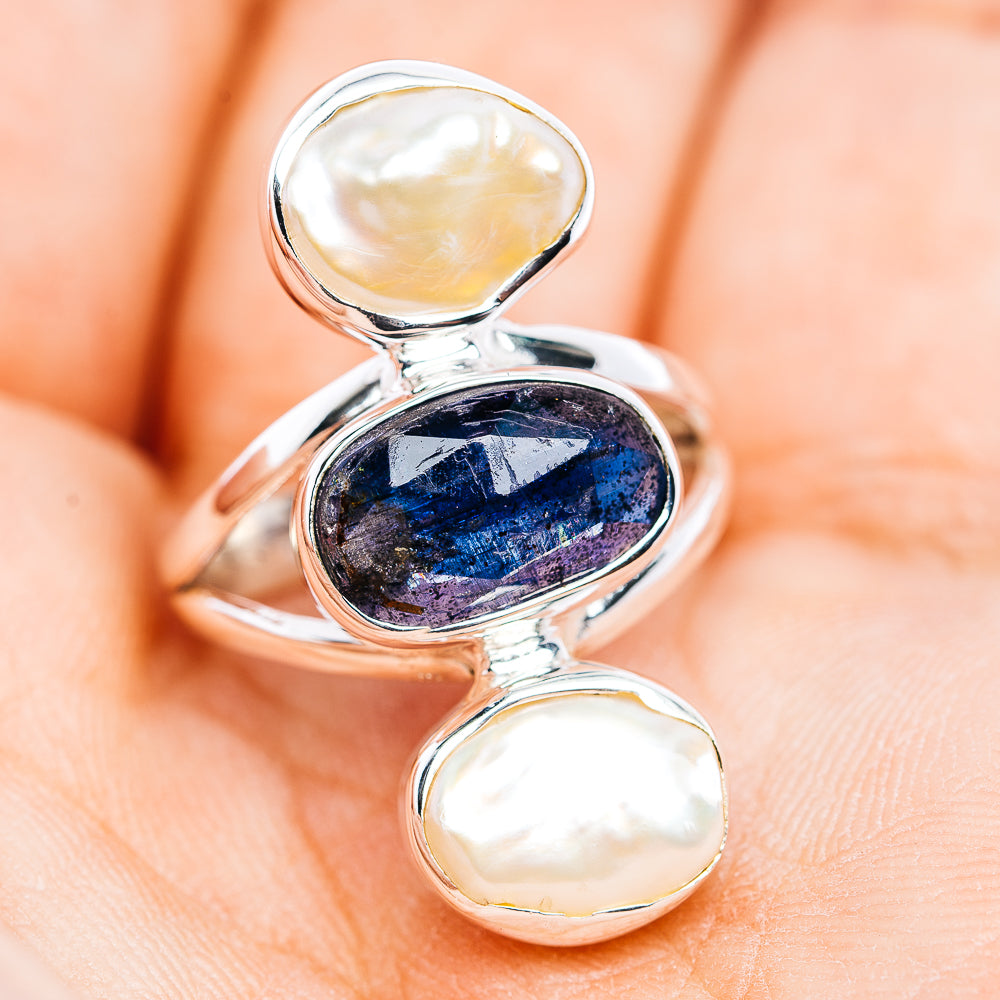 Faceted Kyanite, Baroque Pearl Ring Size 6.25 (.925 Sterling Silver)
