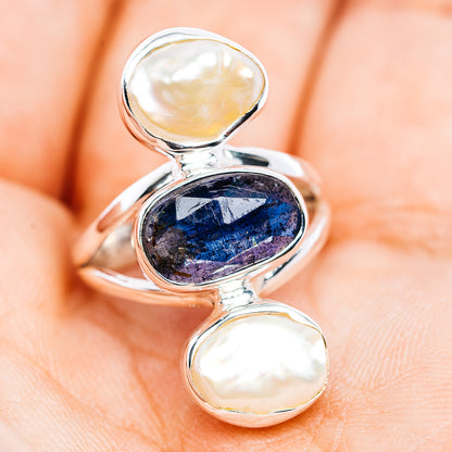 Faceted Kyanite, Baroque Pearl Ring Size 6.25 (.925 Sterling Silver)