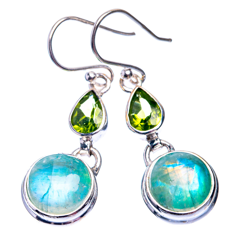 Silver drop earrings with teardrop green gems and large blue-green opal moonstone drops