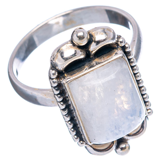Sterling silver moonstone ring with raised rectangular stone and ornate split-shank