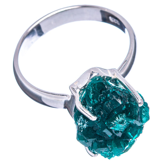 Sterling silver ring with faceted green dioptase crystal, open prong bezel