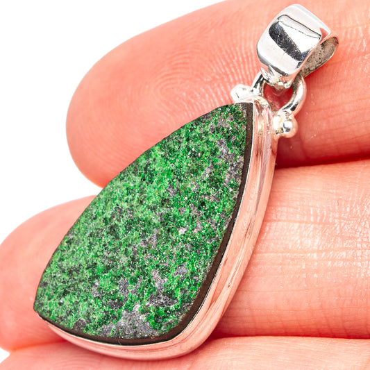 Uvarovite garnet pendant, .925 sterling silver teardrop bezel with green crystal stone