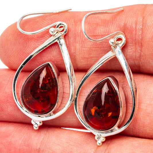 Sterling silver teardrop amber earrings, deep red Baltic amber drops