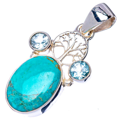 Sterling silver tree pendant with oval turquoise, three round blue stones, bail
