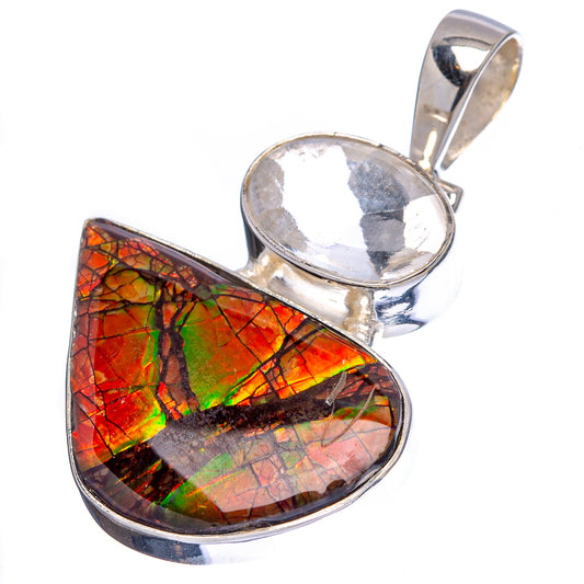 Sterling silver pendant with rainbow ammolite marquise and round clear quartz setting