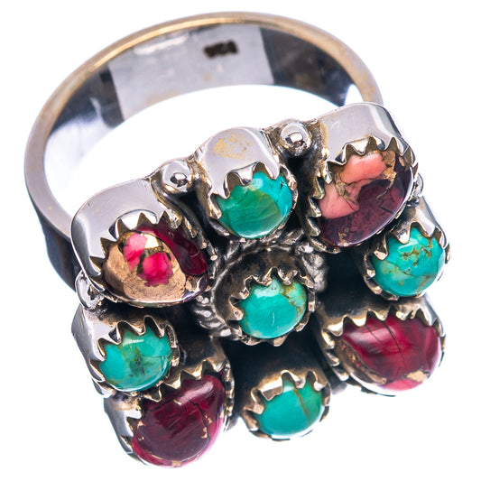 Silver gemstone cluster ring with turquoise and red cabochons, adjustable band