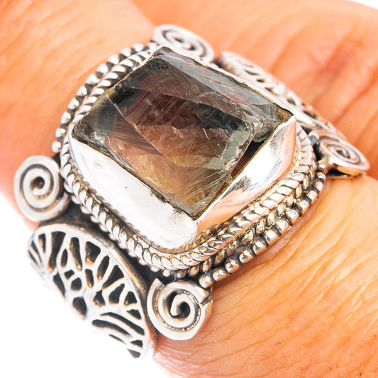Green amethyst square gemstone sterling silver ring with ornate leaf scroll setting