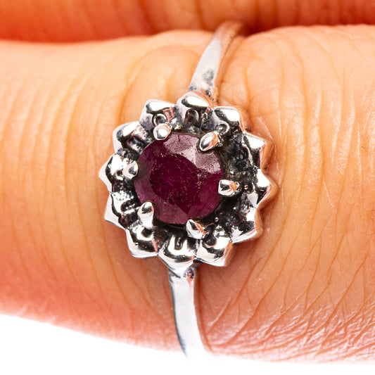 Sterling silver dainty gemstone ring with dark red faceted oval center stone