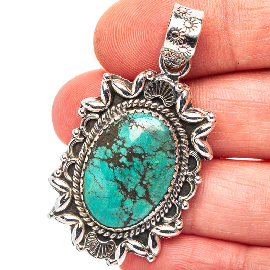 Exclusive Southwestern Style Hubei Turquoise Pendant 1 7/8" (.925 Sterling Silver)