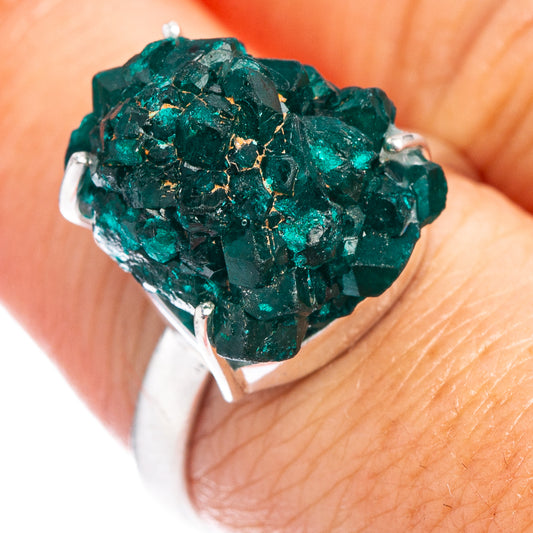 Rare dioptase ring, size 7.75, .925 sterling silver with vivid green crystal cluster