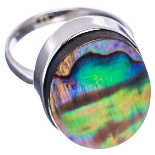 Iridescent abalone shell ring in polished sterling silver, round front, size 7.75