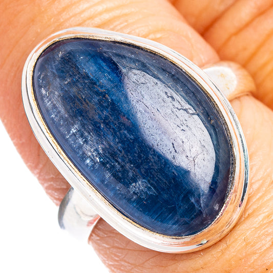 Sterling silver kyanite ring with oval blue stone, close-up on bezel setting