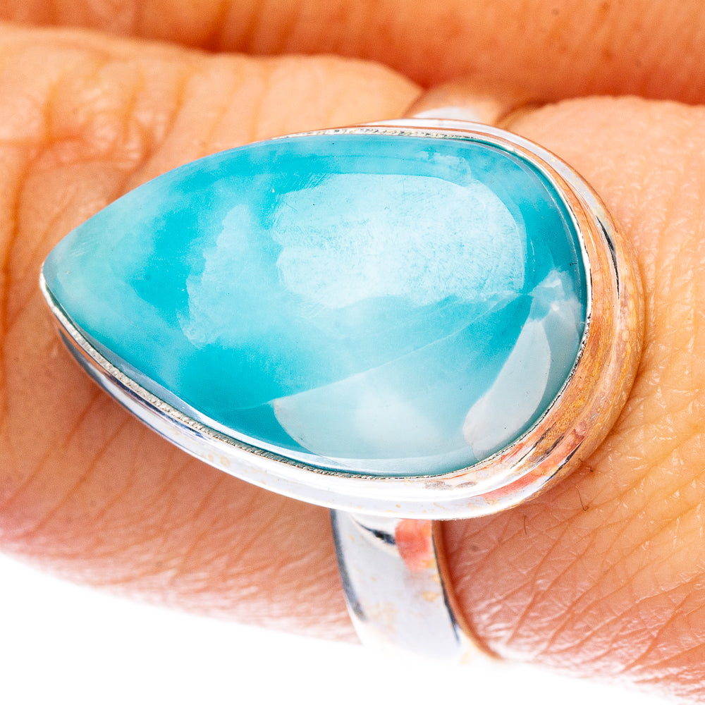 925 sterling silver ring with oval turquoise larimar gemstone, bezel-set