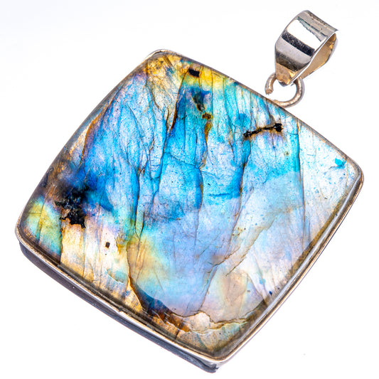 Square labradorite pendant in .925 sterling silver with blue and gold stone pattern