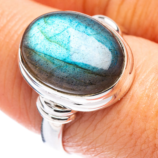 Labradorite ring with oval blue-green gemstone cabochon and polished .925 sterling silver band