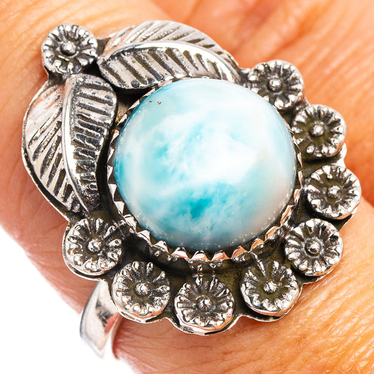 Sterling silver larimar cabochon ring with leaf border and bead details