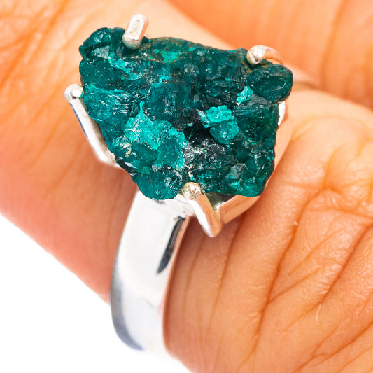 Dioptase ring size 6, .925 sterling silver with rough green gemstone in four prongs