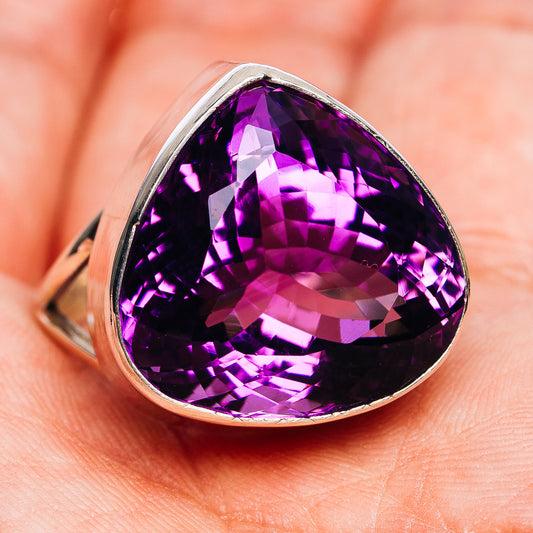 Sterling silver amethyst faceted teardrop ring with gemstone halo, polished band