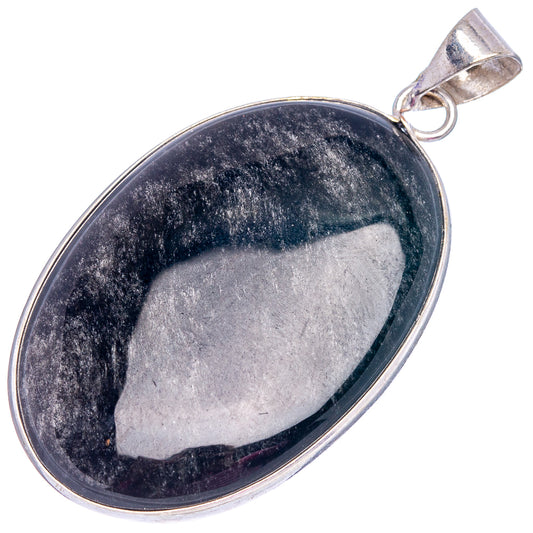 Silver-plated obsidian oval pendant with loop bail and dark blue-gray stone cabochon