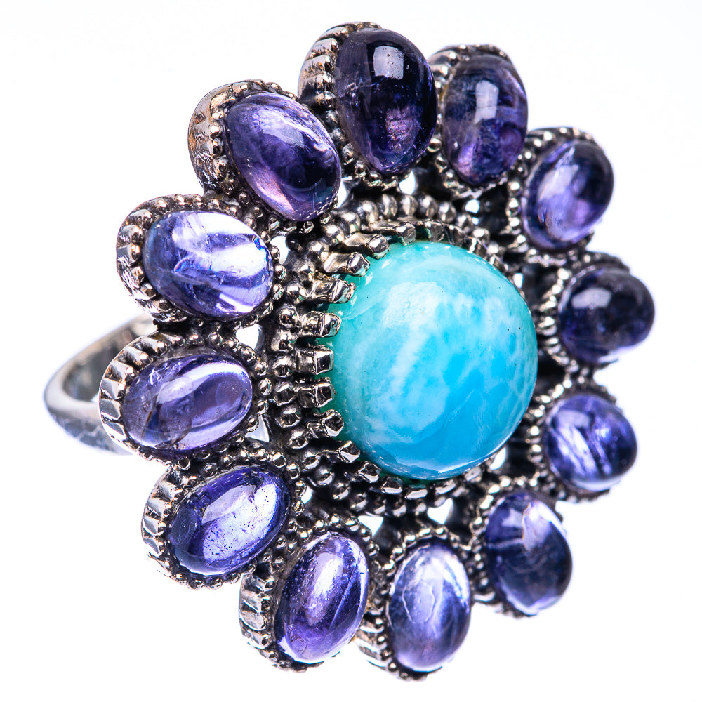 Sterling silver statement ring with large aqua Larimar cabochon and purple oval stones