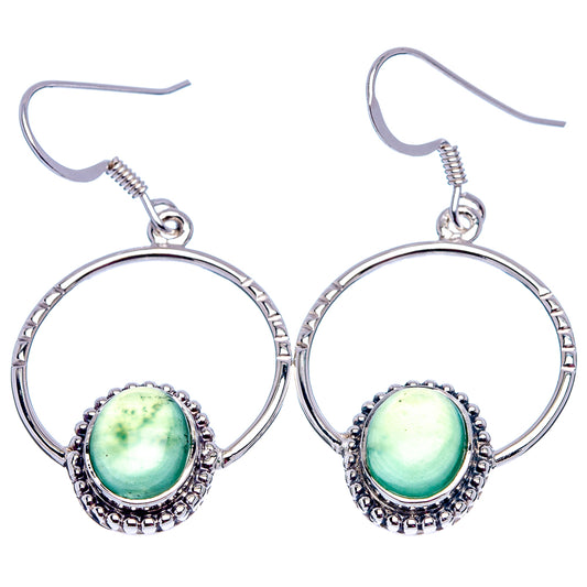 Pair of sterling silver hoop earrings with oval green nephrite jade cabochon and hooks