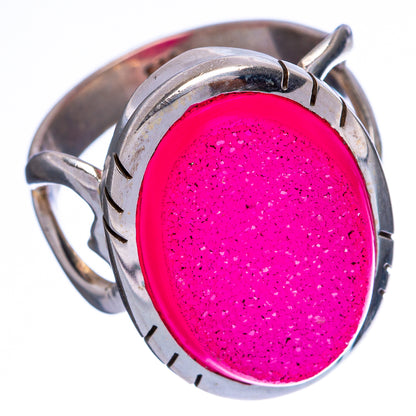 Pink oval druzy ring, 925 sterling silver, size 6.5, prong-set sides